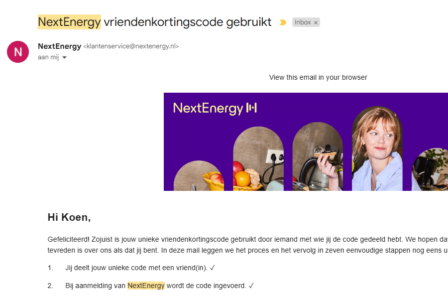 NextEnergy kortingscode gebruikt - melding per email NextEnergy kortingscode gebruikt - melding per email